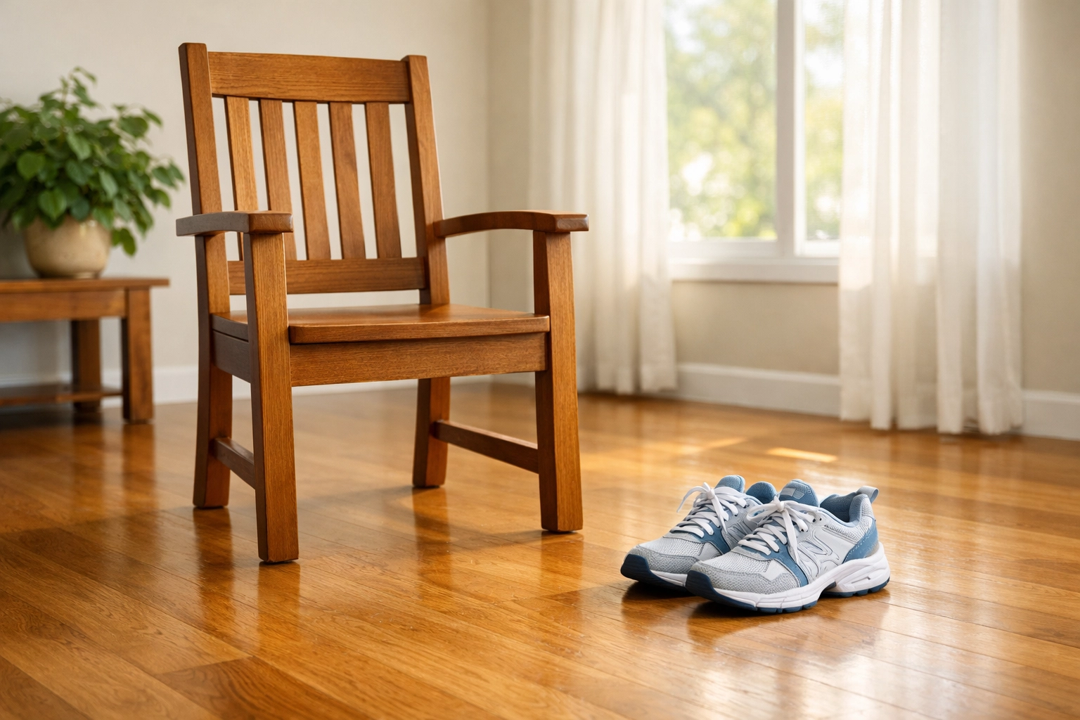 A safe living room setup for senior fall prevention exercises with a sturdy chair and clear floors.