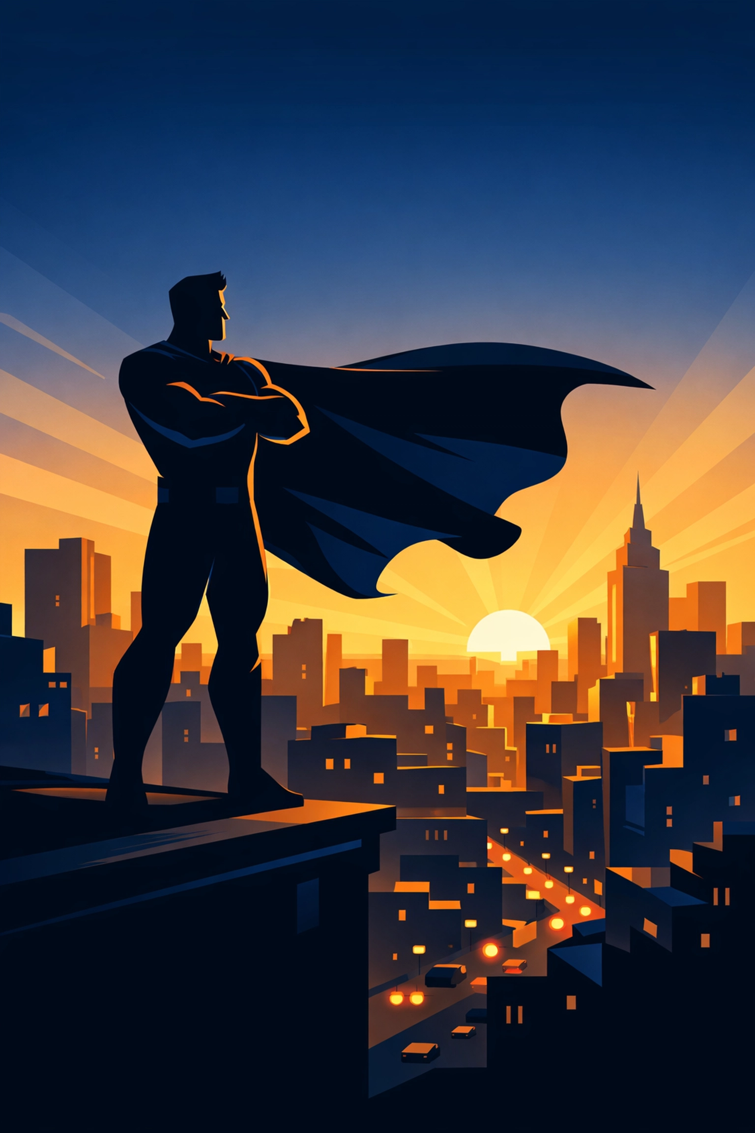 Superman silhouette protecting city representing hope and Christian moral values