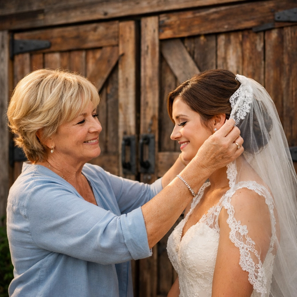 Rent a Mom and Dad wedding service in Fort Wayne with bride by rustic barn door rentals in Northeast Indiana.