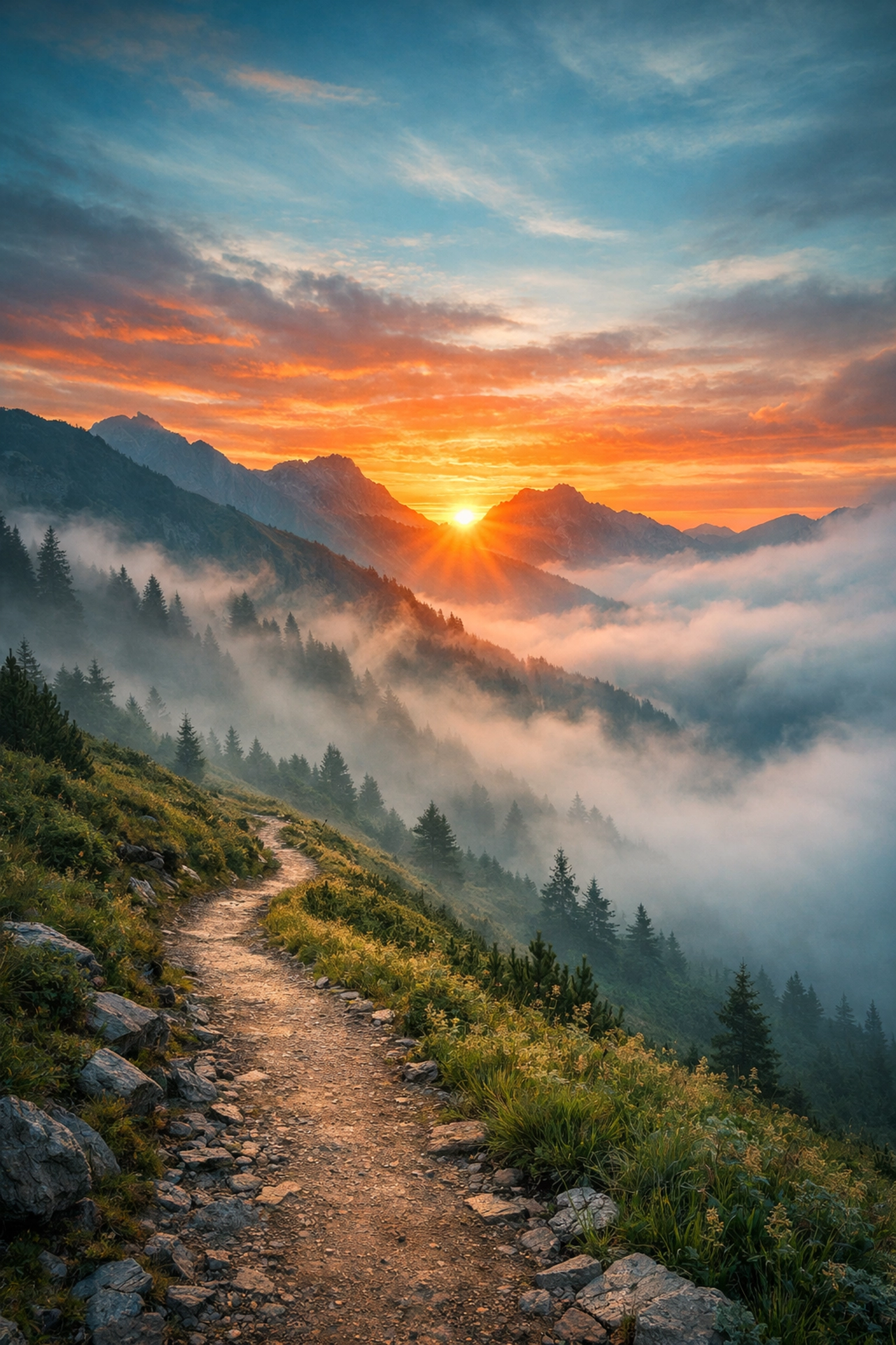 A mountain path at sunrise symbolizing a family's journey toward restoration and hope.