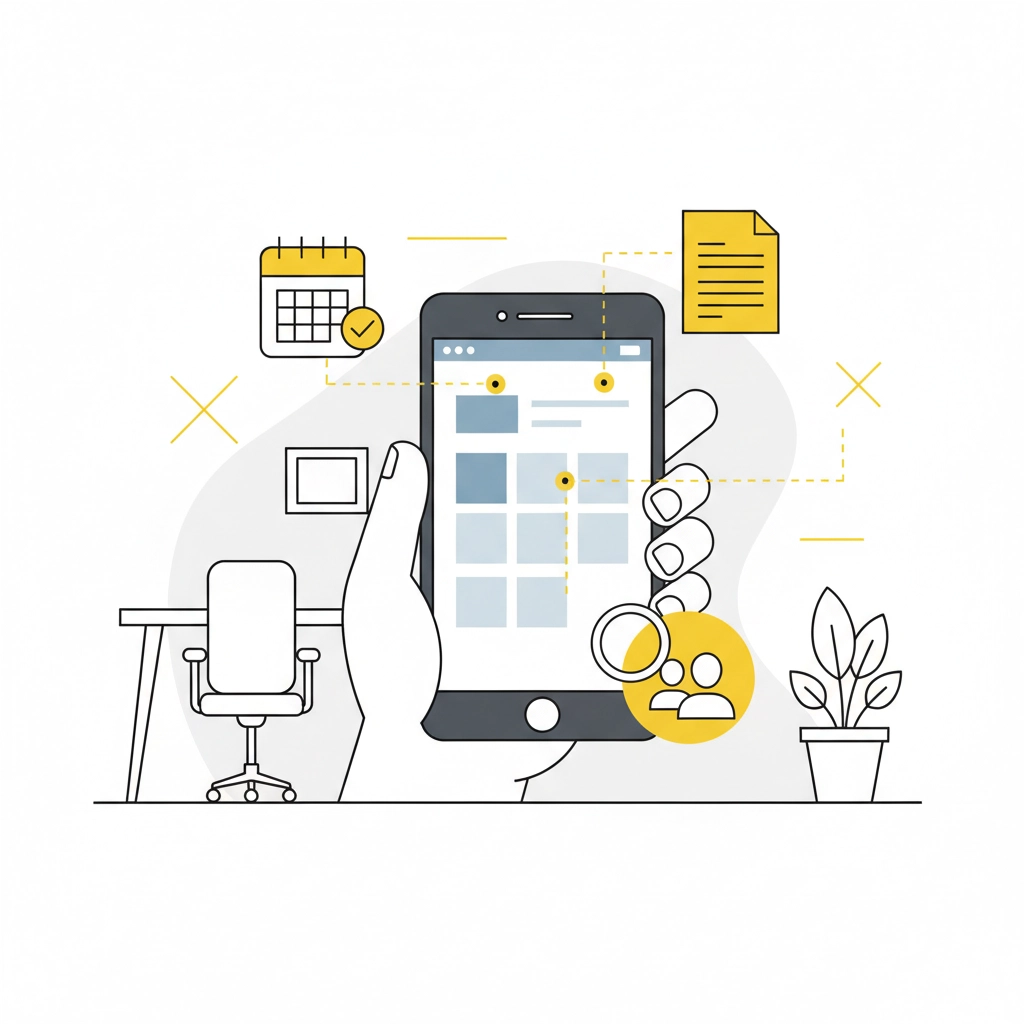 Hand holds a smartphone displaying an app; icons of a calendar, document, and user float around. Office chair, desk, plant in background.