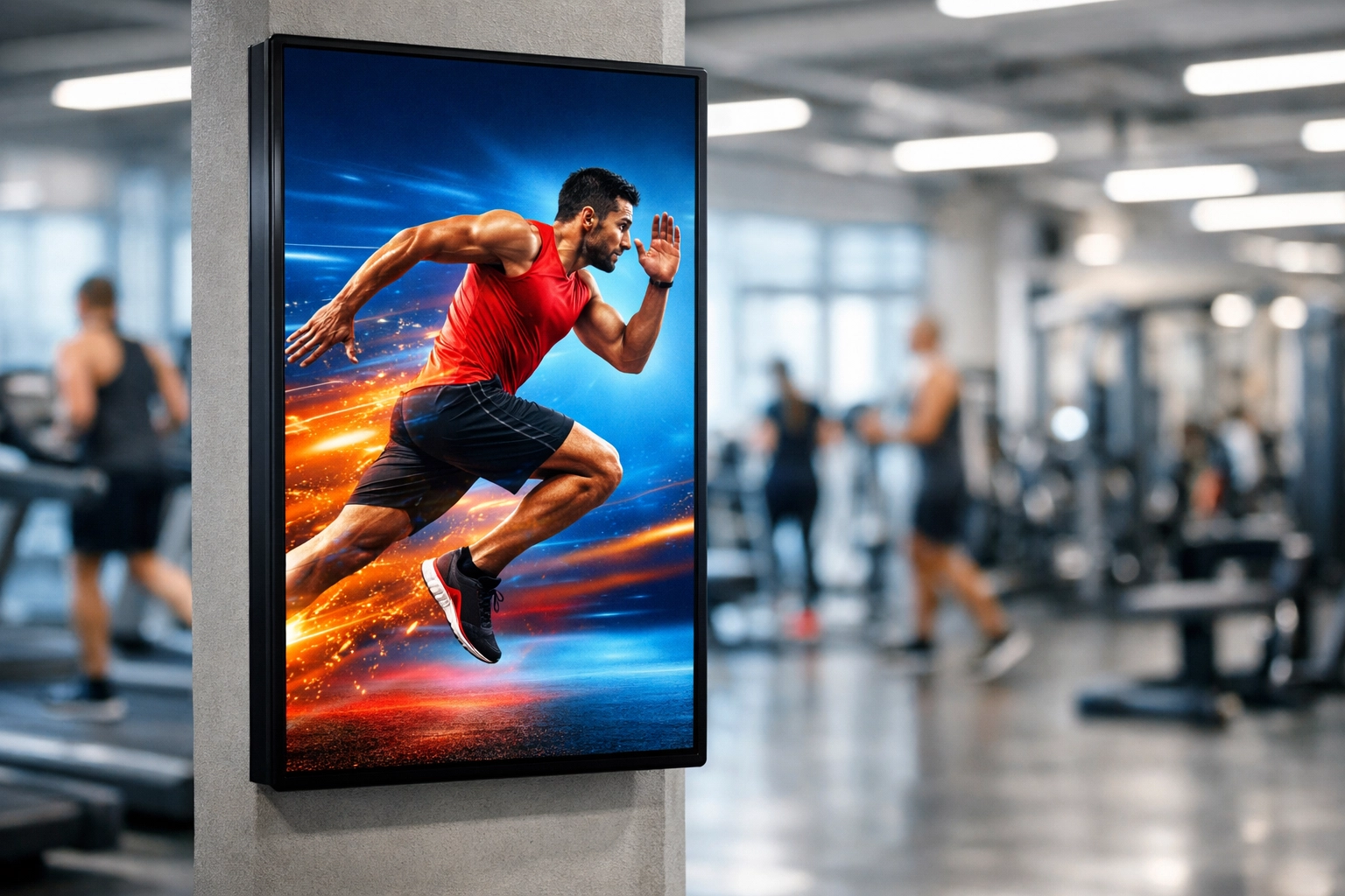 Vibrant digital out-of-home display in a modern fitness center reaching an active audience with targeted sports ads.