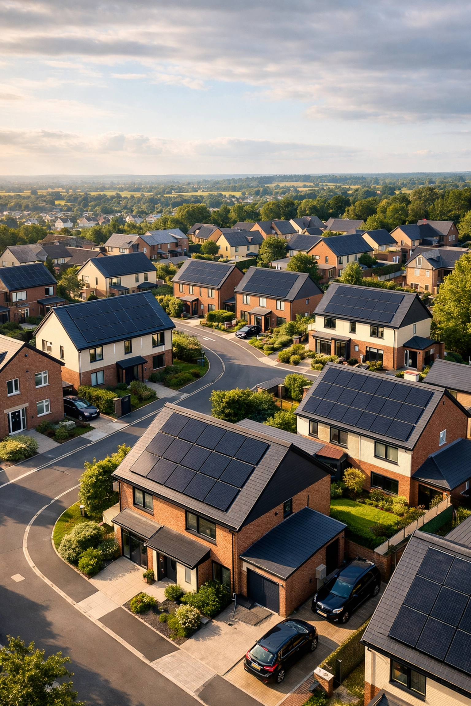 Aerial view of a UK residential neighborhood with multiple solar PV installations on contemporary rooftops.