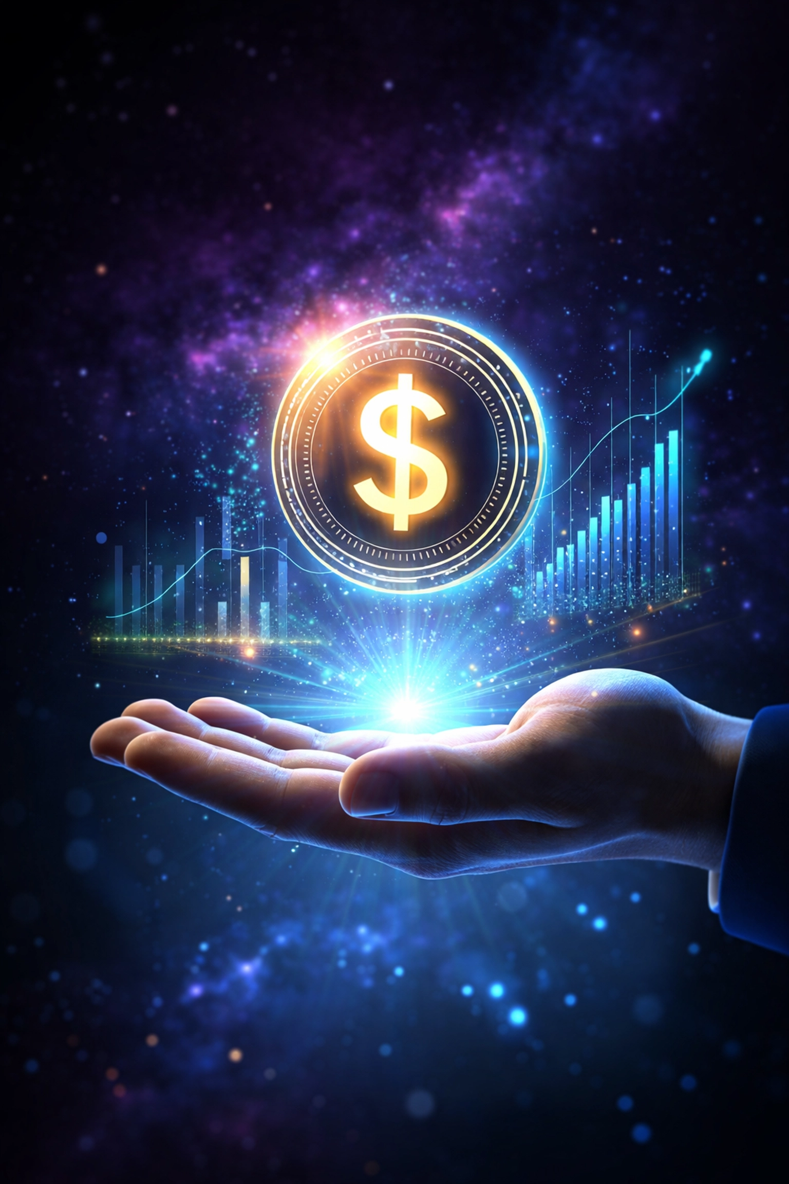 A glowing digital coin with a dollar symbol and stability charts, illustrating LUSD's benefits for crypto merchants.