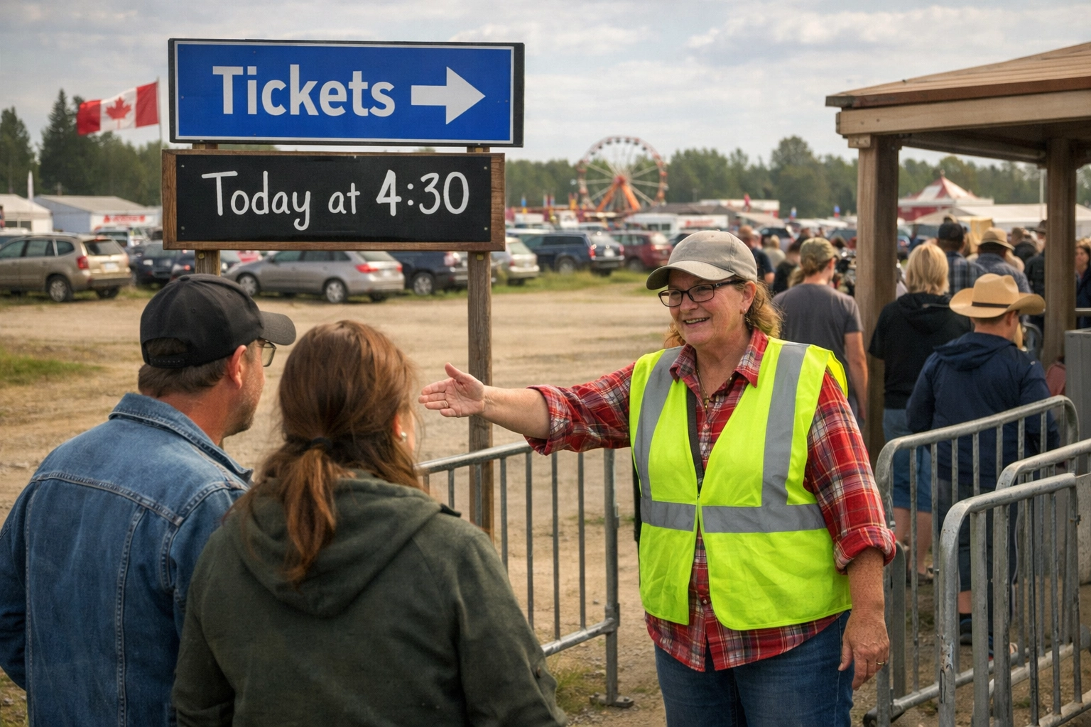 Volunteer directing parking at a community exhibition to improve gate operations and flow.