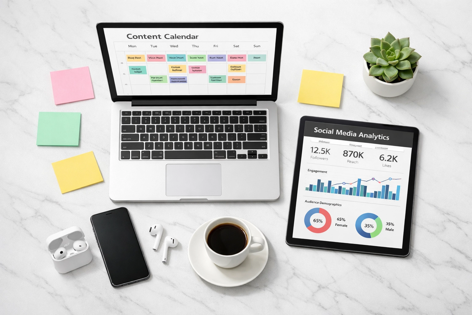 Content creator workspace with laptop showing social media content calendar and planning tools by Simon Leung