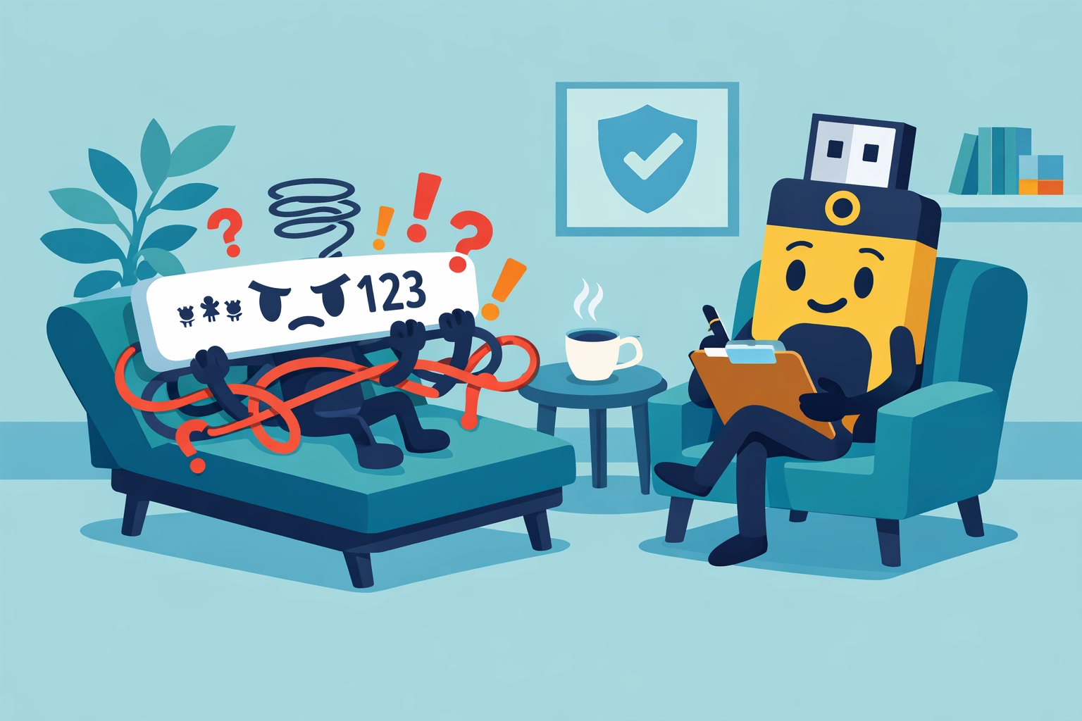 Humorous illustration of password in therapy with security key for cybersecurity awareness