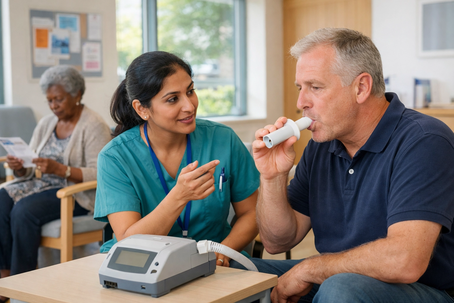 Nurse demonstrating spirometry testing technique to patient in community health clinic