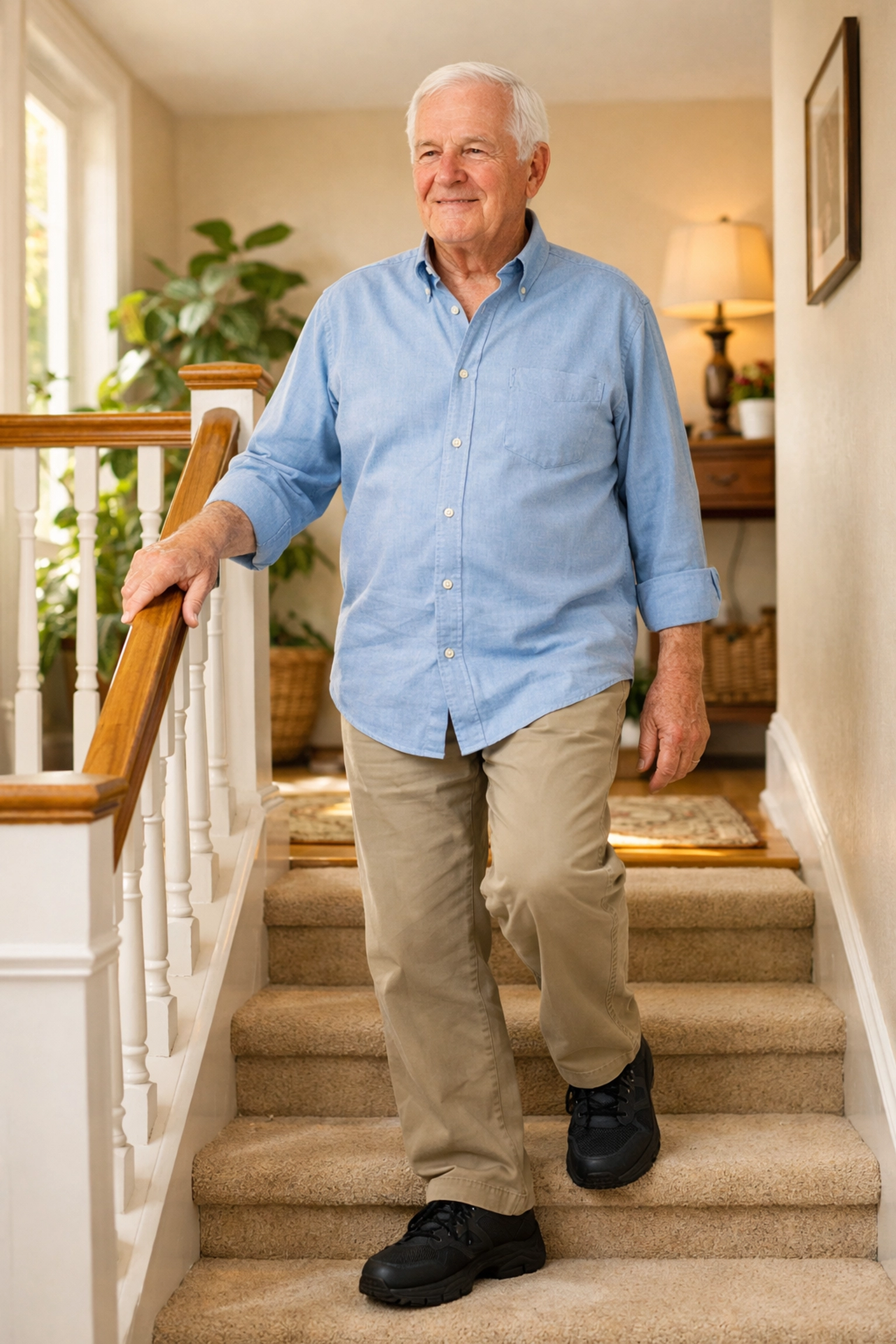 Senior man safely descending stairs using a sturdy handrail and wearing supportive rubber-soled shoes.