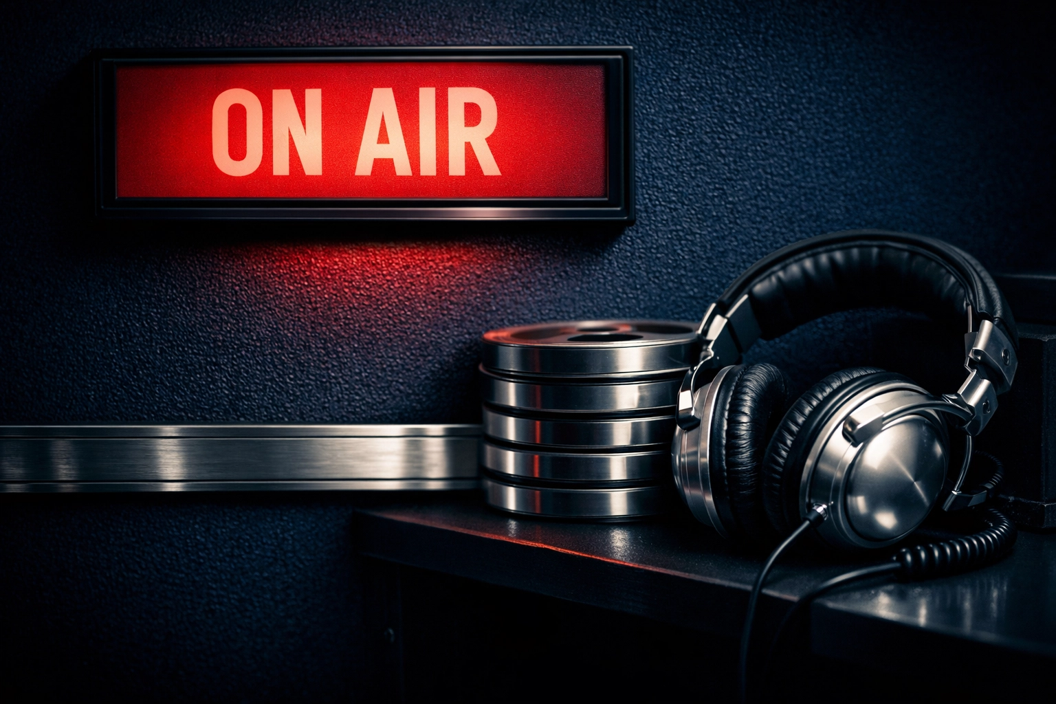 Vintage broadcast studio featuring a glowing red 'On Air' sign and a silver ticker for news headlines.
