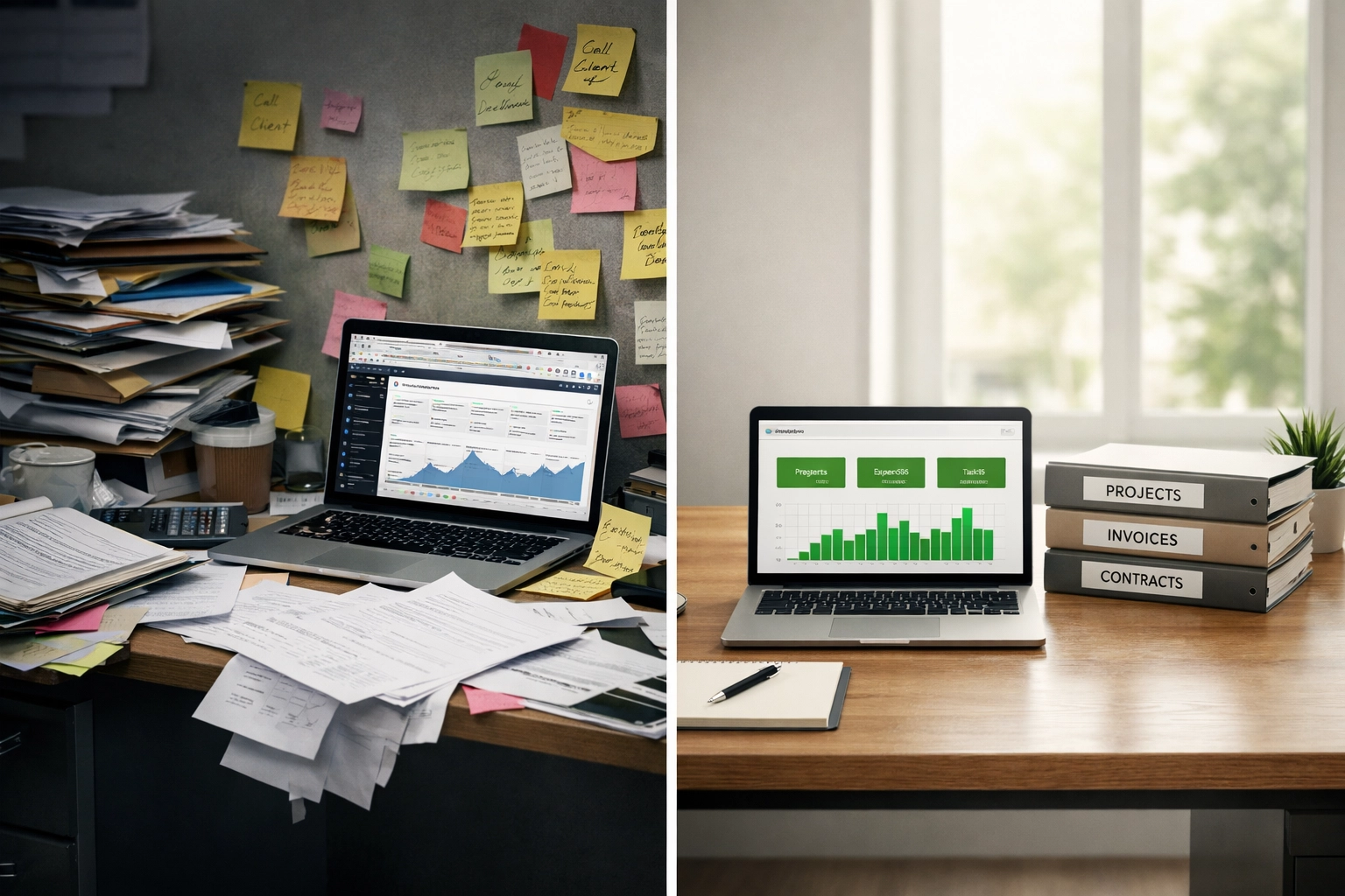 Comparison of chaotic contractor workspace versus organized desk with systems and digital dashboards