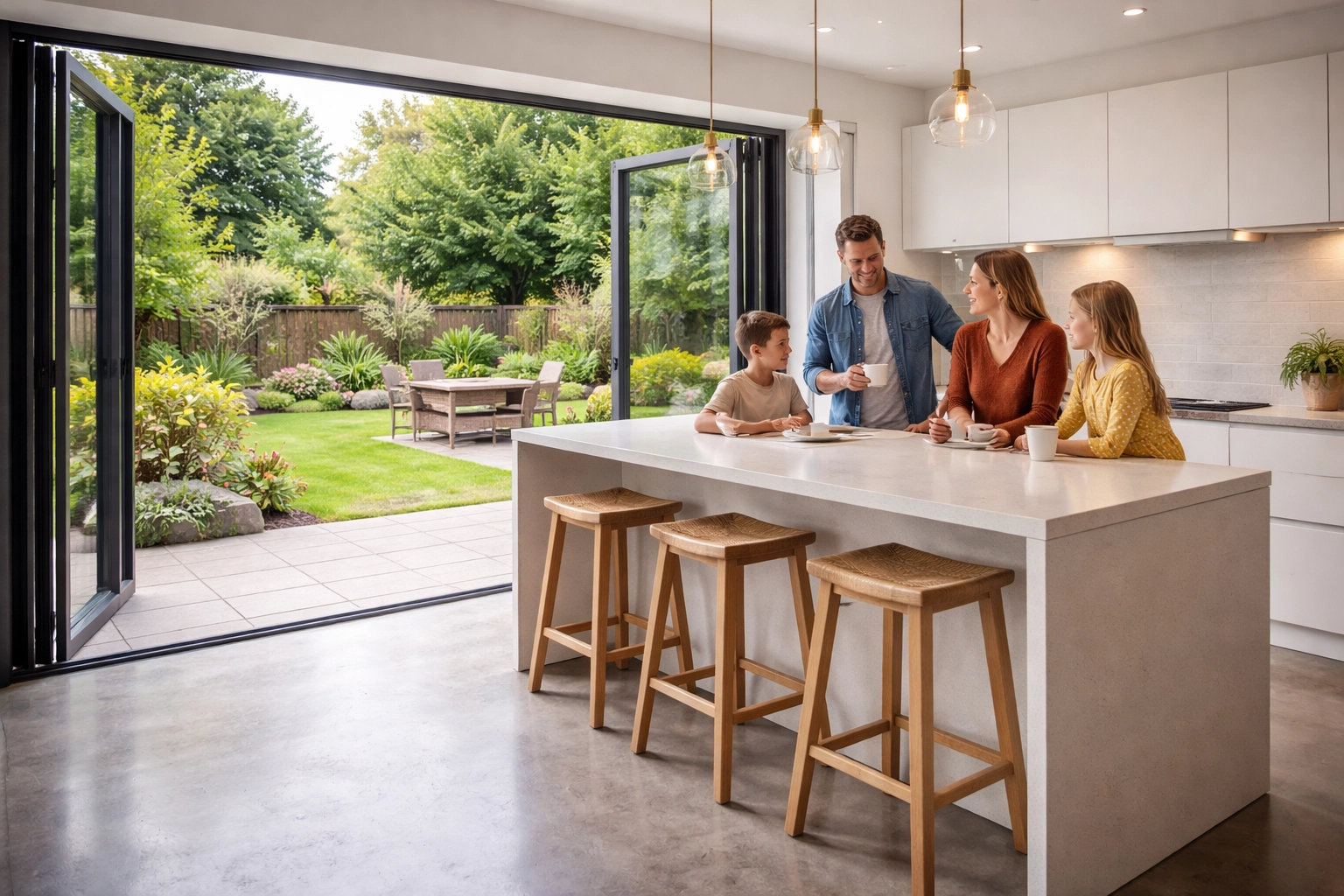 Modern kitchen house extension with bi-fold doors and family in British home