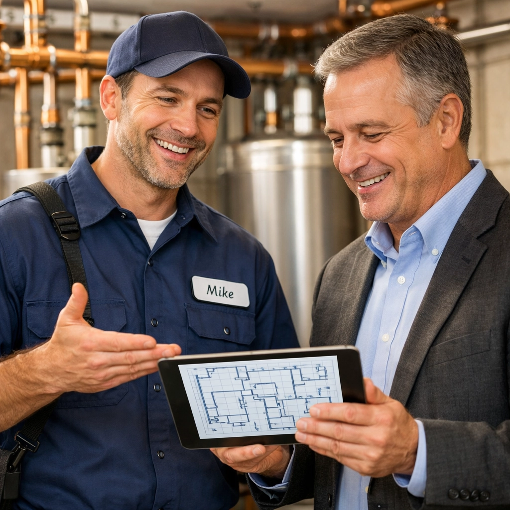 Plumbing estimator reviewing gas installation plans with a business owner in a mechanical room.