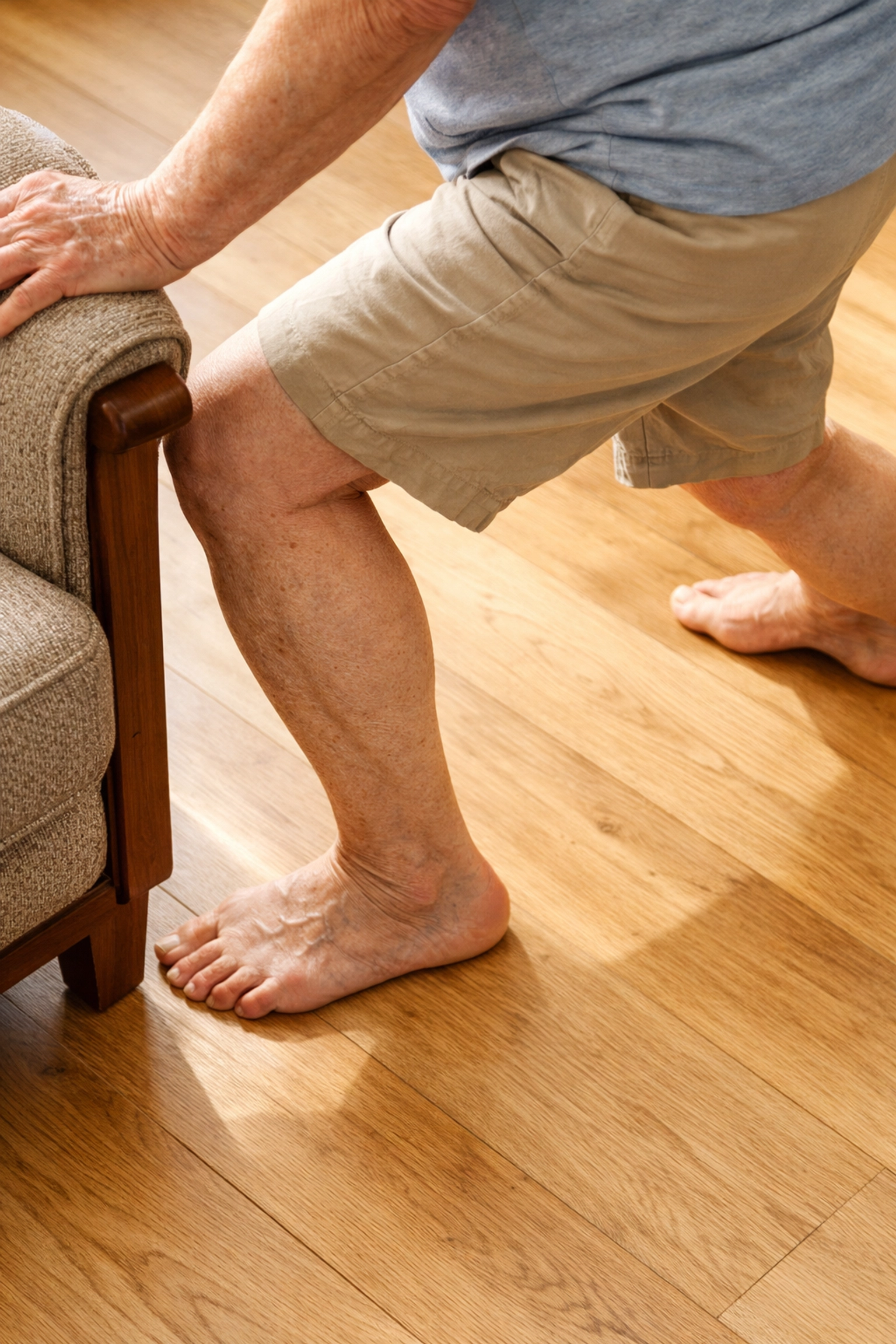 Close-up of legs in lunge position pushing up to standing after a fall using chair support