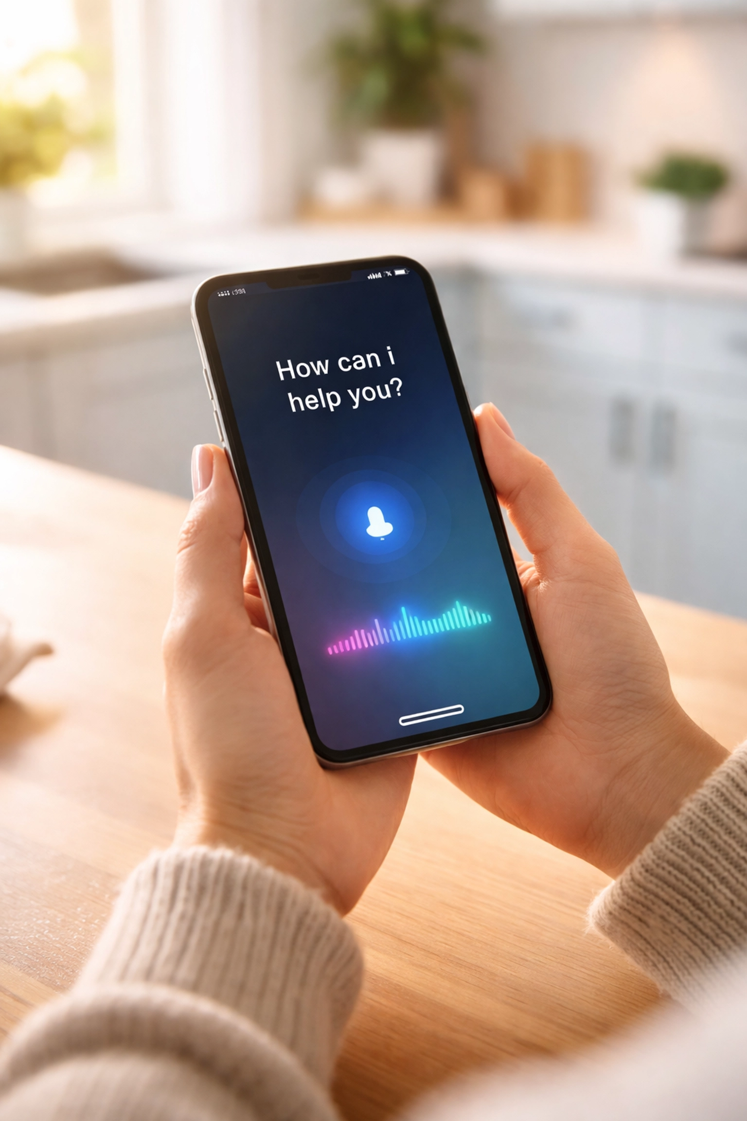 Person using voice assistant on smartphone in a modern kitchen, illustrating the impact of AI search on local marketing