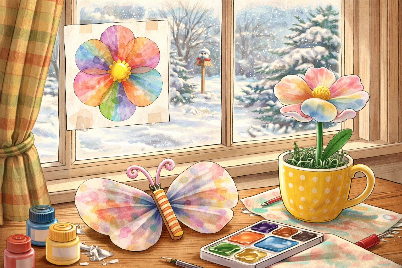 Finished coffee filter crafts displayed as window art, a flower, and a butterfly on a snowy day