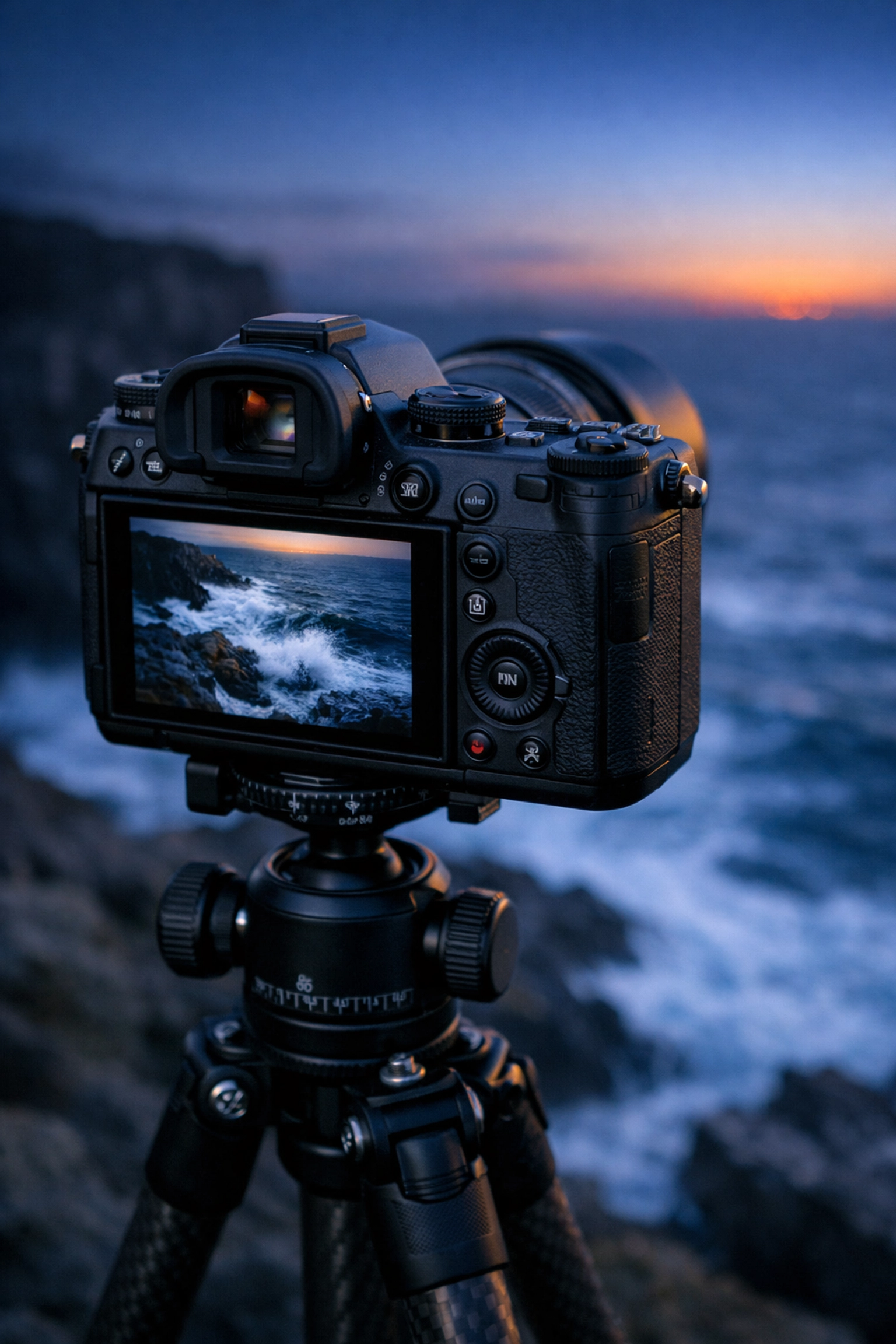 A high-end mirrorless camera on a tripod at a coastal sunset, showcasing best mirrorless cameras of 2026.