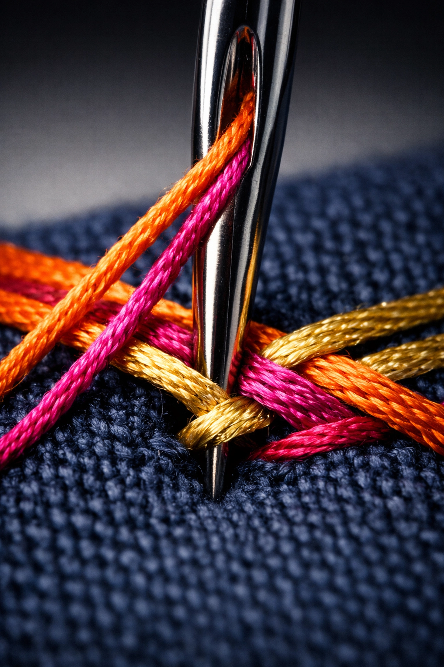 Industrial embroidery needle stitching a multi-color design on high-quality canvas fabric.