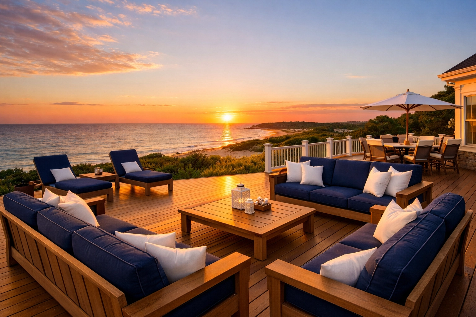 Clean luxury deck in Mashpee overlooking the coast, reflecting professional cleaning results.