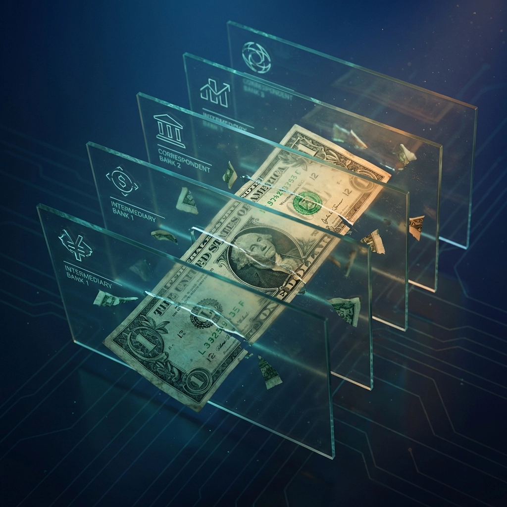 Dollar bill losing value through multiple barriers, representing traditional global bank fees