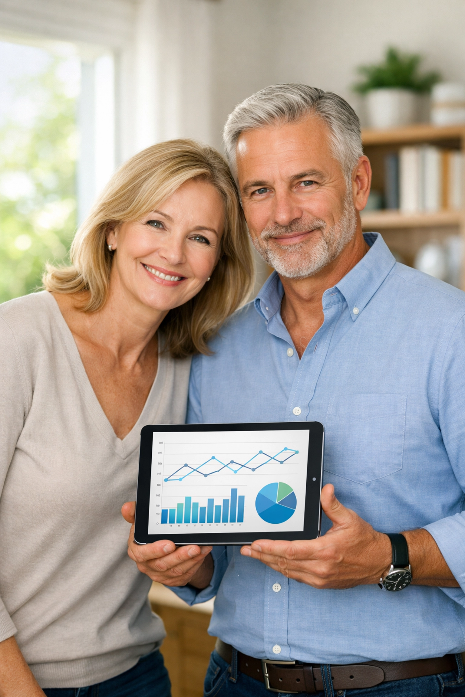 Secure retirement planning: a couple reviewing their financial blueprint on a tablet in a sunny home office. Secure retirement planning: a couple reviewing their financial blueprint on a tablet in a sunny home office.