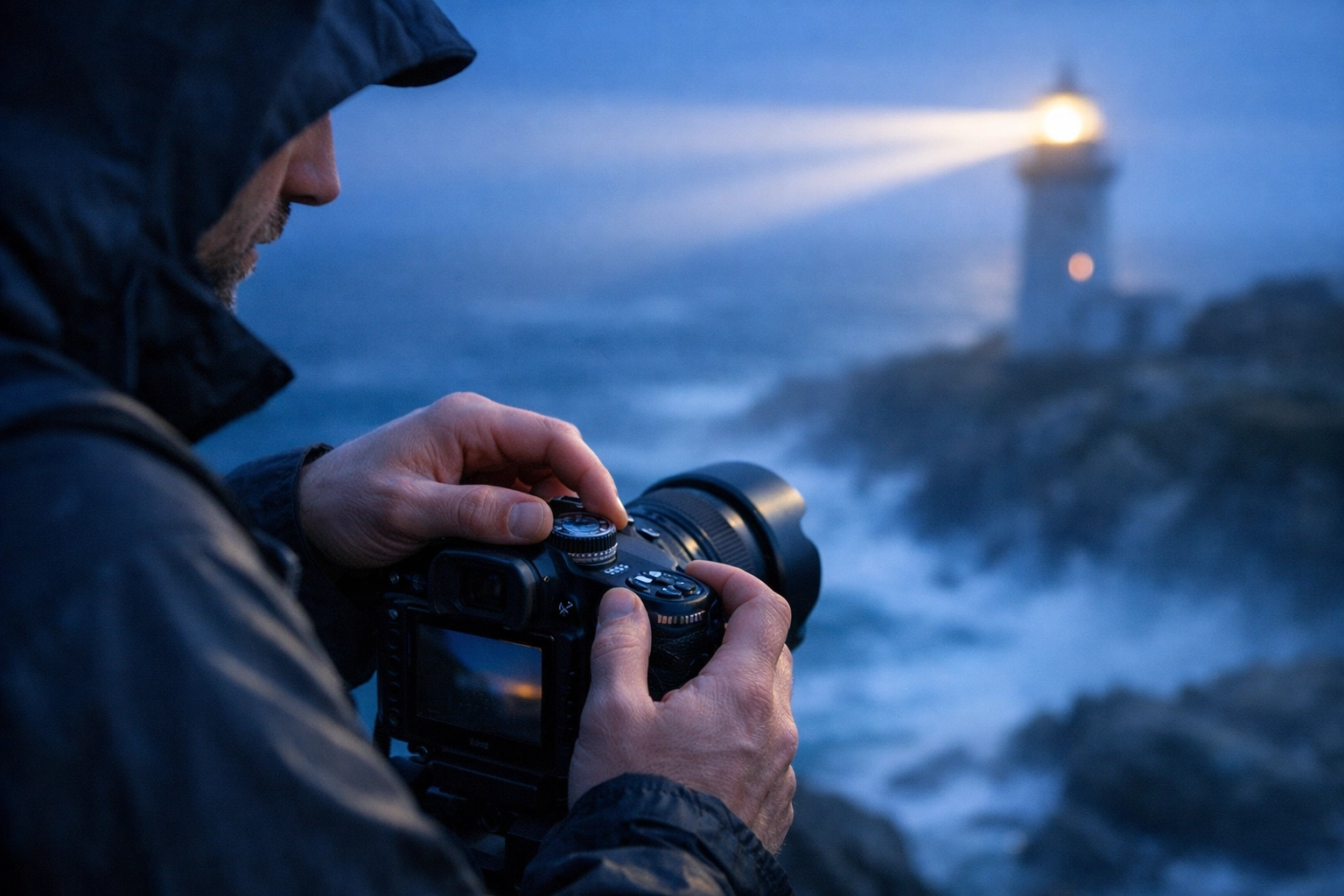 A photographer adjusting manual mode settings on a cliffside to balance the exposure triangle during blue hour.