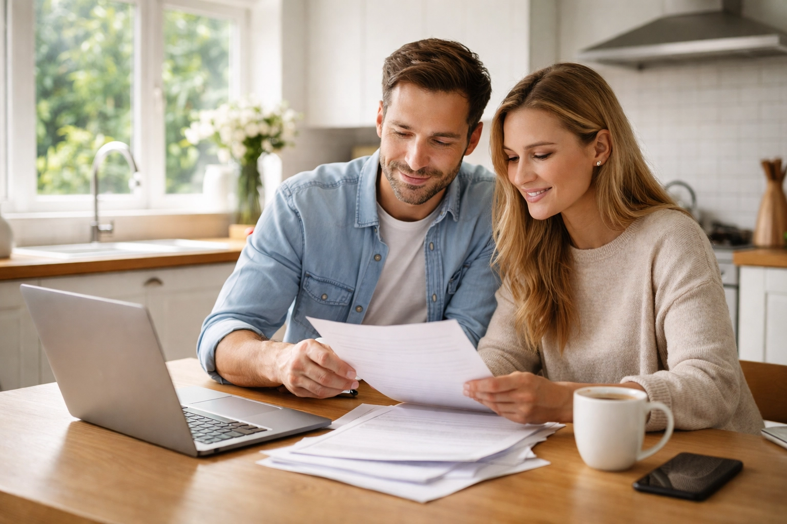 Couple reviewing mortgage documents in a modern Chadderton home, emphasizing the home-buying process in the local property market.