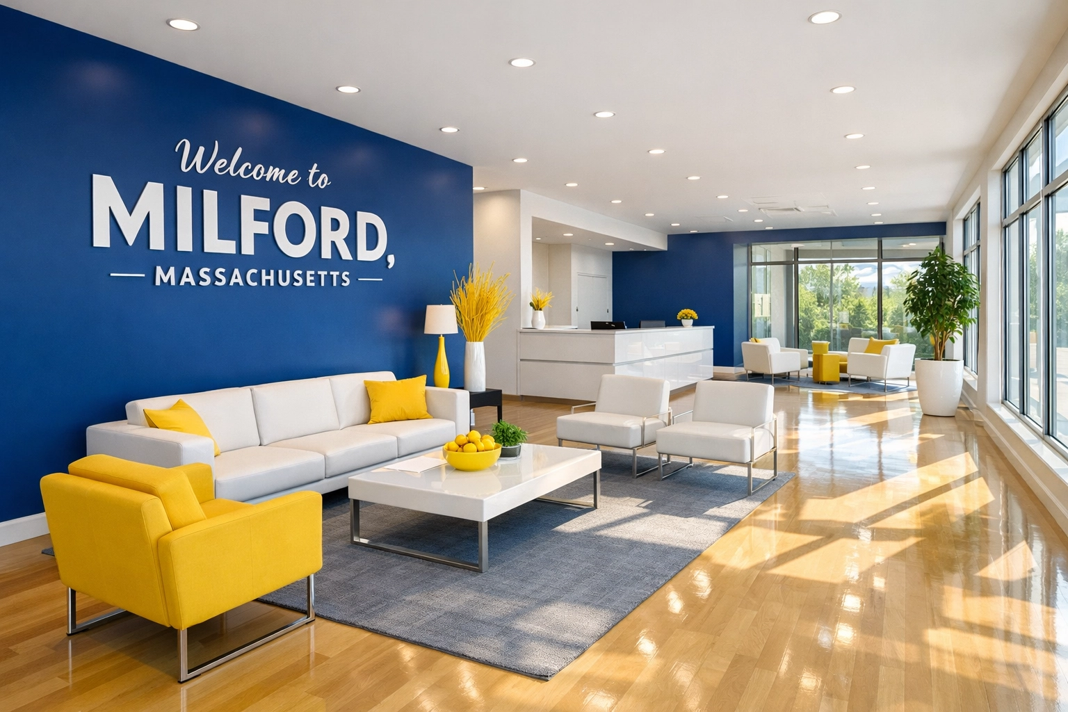 Clean and modern office lobby in Milford, Massachusetts, following a high-standard professional office cleaning service.