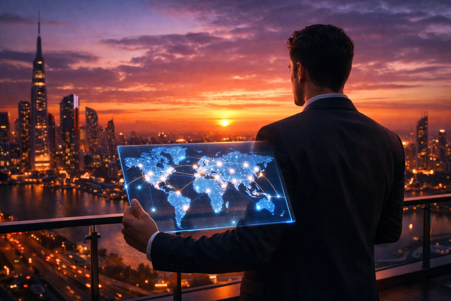 Merchant using a digital tablet to monitor borderless crypto payments across a global network for financial freedom.