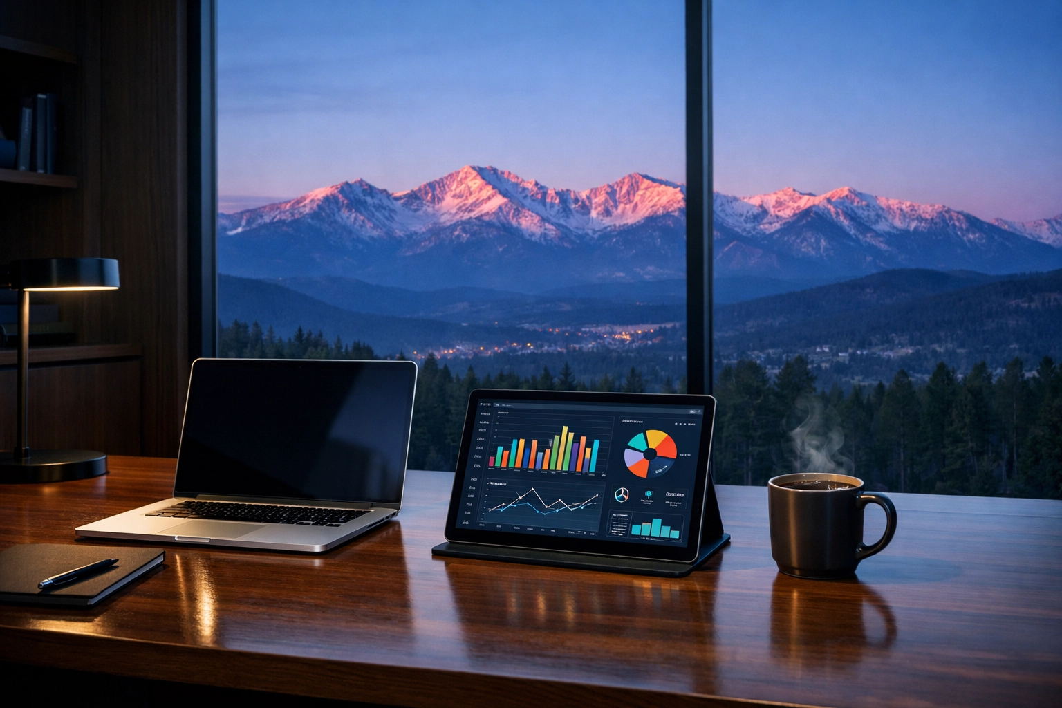 Executive office with data analytics at sunrise, highlighting Dakdan's 7AM autopilot sports marketing strategy.