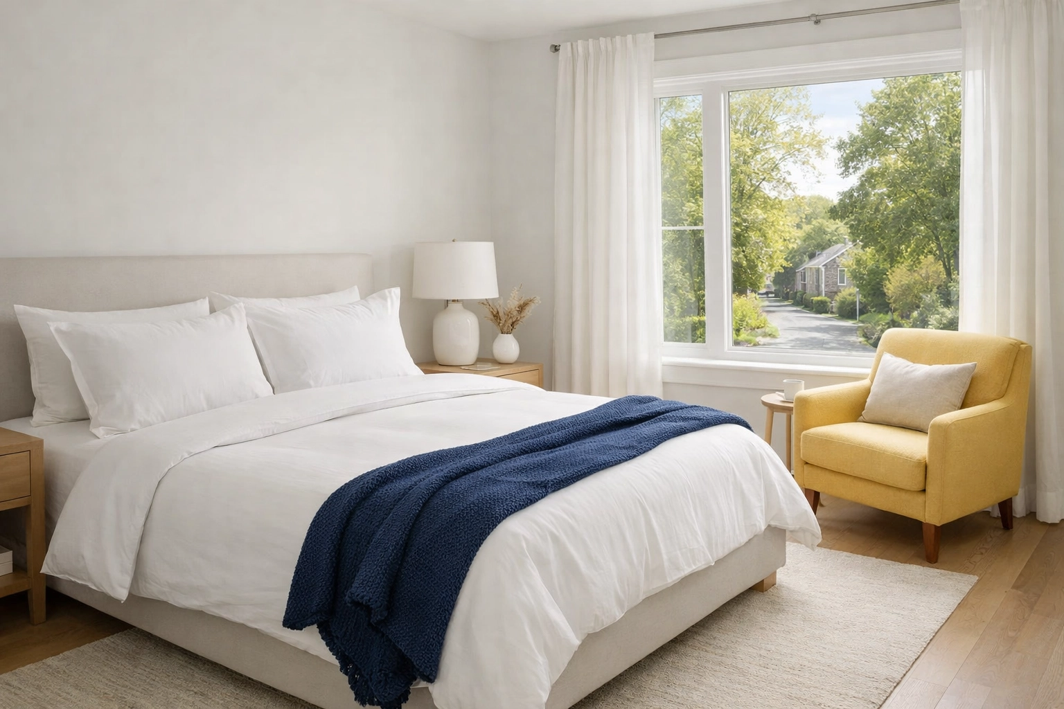 Clean and organized master bedroom highlighting the mental health benefits of house cleaning in Needham.