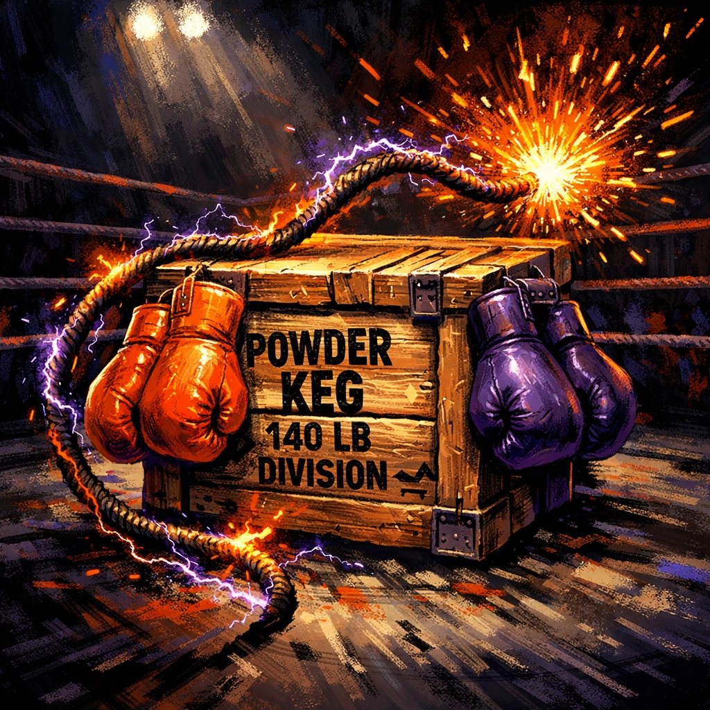 Boxing gloves on a powder keg crate in the ring, symbolizing the explosive 140lb division and boxing news drama.