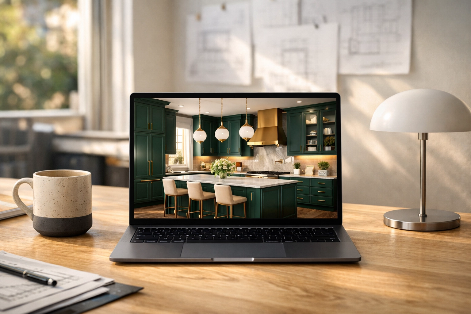 Modern laptop showing photorealistic rendering of a kitchen in an interior design studio.