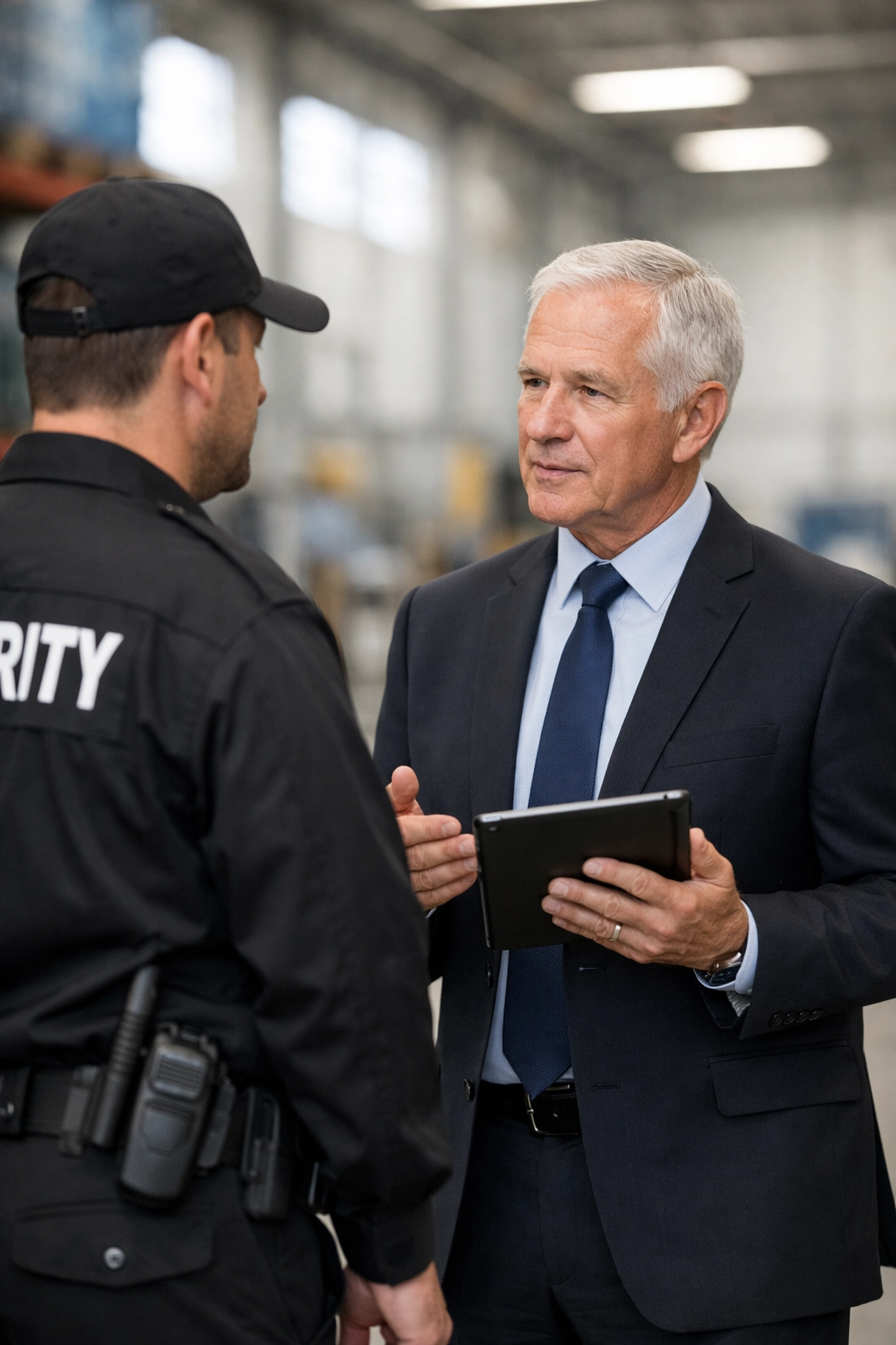 KGFM security manager conducting an on-site inspection at an industrial warehouse site.