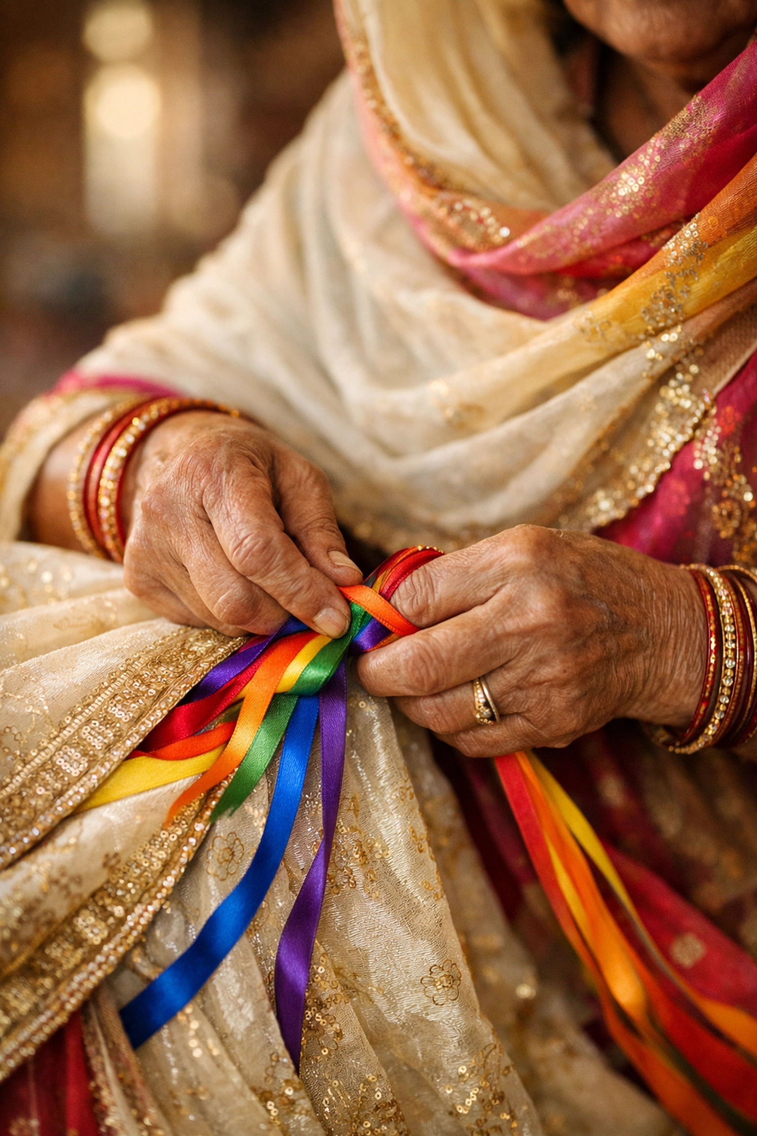 Hands weaving rainbow Pride ribbons into ceremonial Sikh temple fabric for LGBTQ+ inclusion