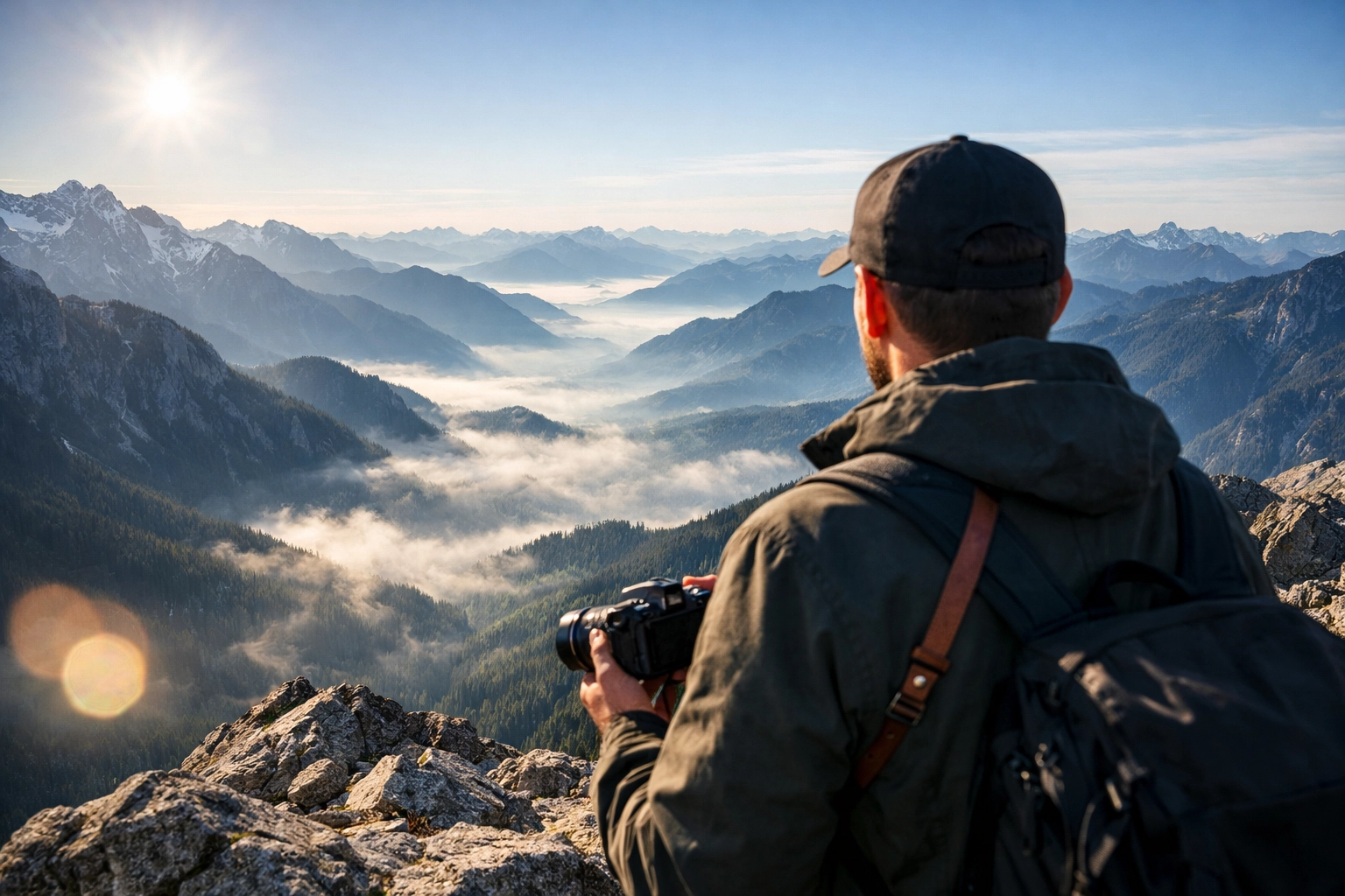 Photographer holding a camera while overlooking mountain ranges, applying landscape photography tips.