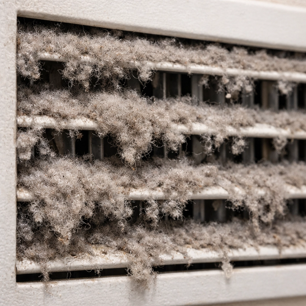 Clogged air return vent with thick dust buildup affecting air quality and HVAC performance.