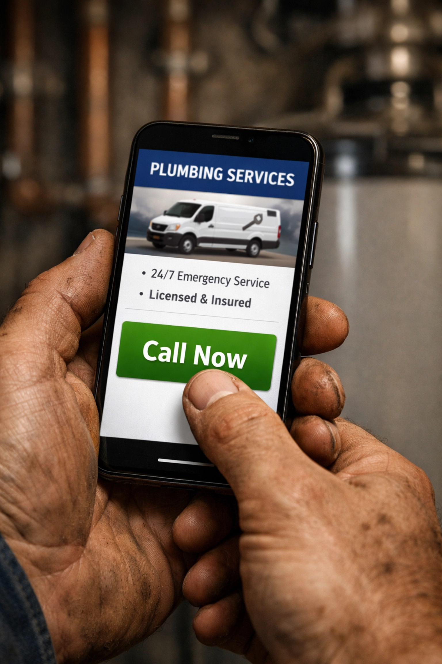 Plumber using a mobile-optimized website with a large 'Call Now' button on a smartphone at a job site.