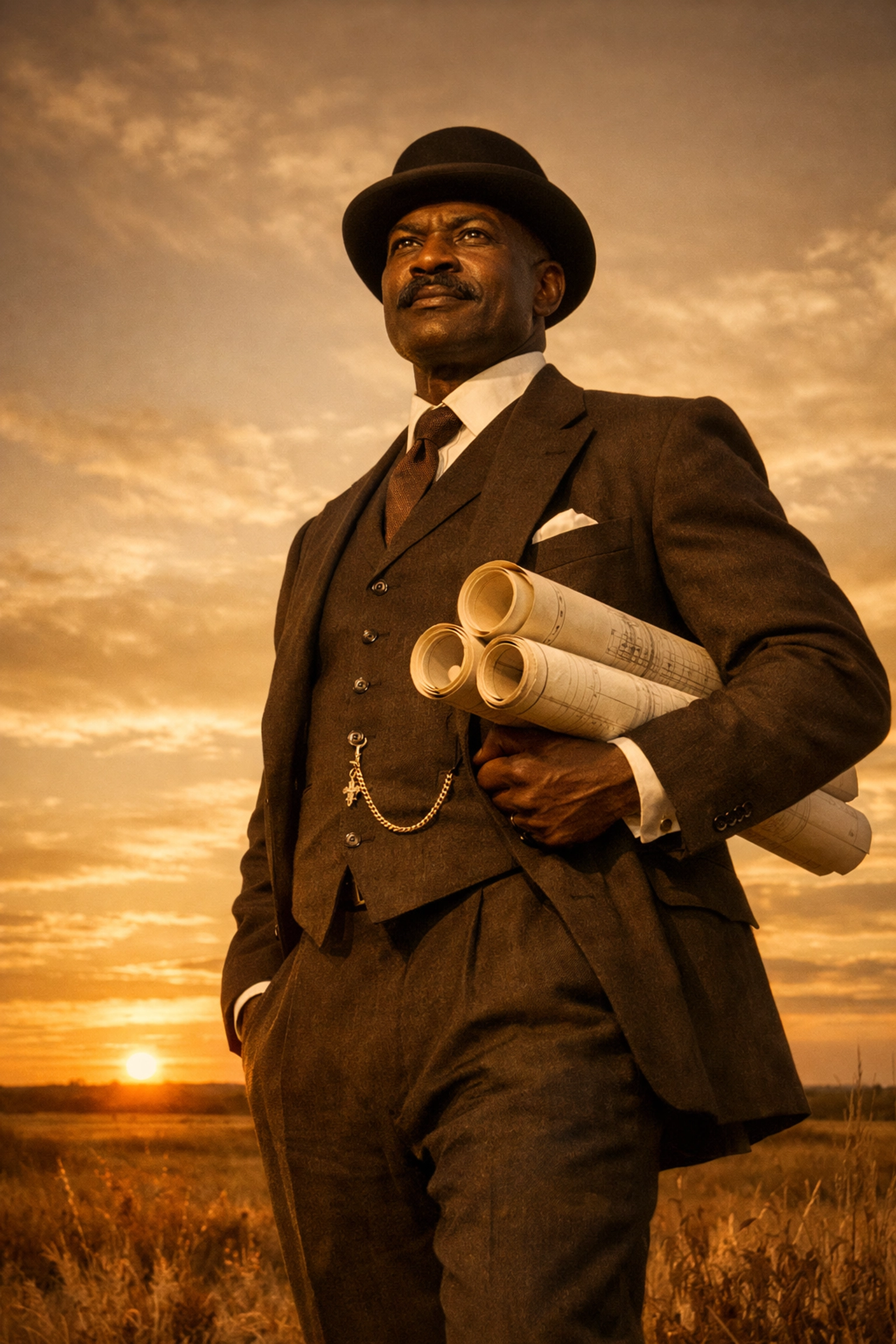 Black Wall Street Tulsa Secrets Revealed: What History Taught Us About Building Black Wealth African American entrepreneur with blueprints surveying land for Black Wall Street development in Tulsa