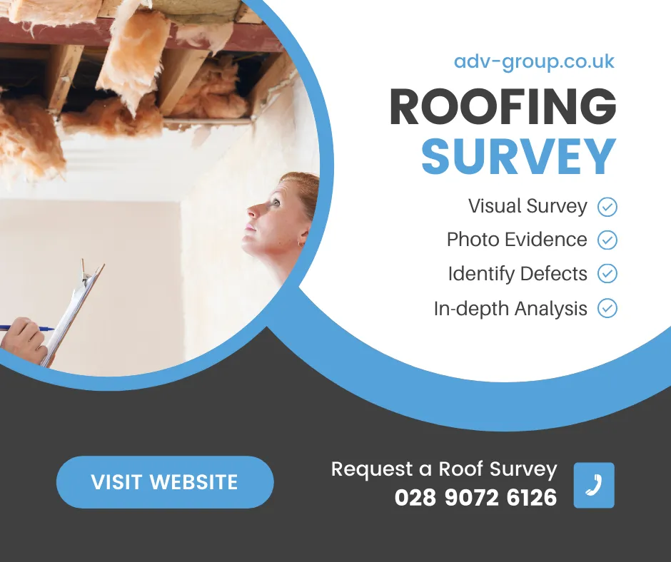Advanced Construction & Roofing Roof Survey Service A professional roof inspector examines ceiling damage and insulation while taking notes. The image promotes Advanced Construction & Roofing's roof survey service, offering visual surveys, photo evidence, defect identification, and in-depth analysis for property owners. Contact details and a website link are included for booking a survey.