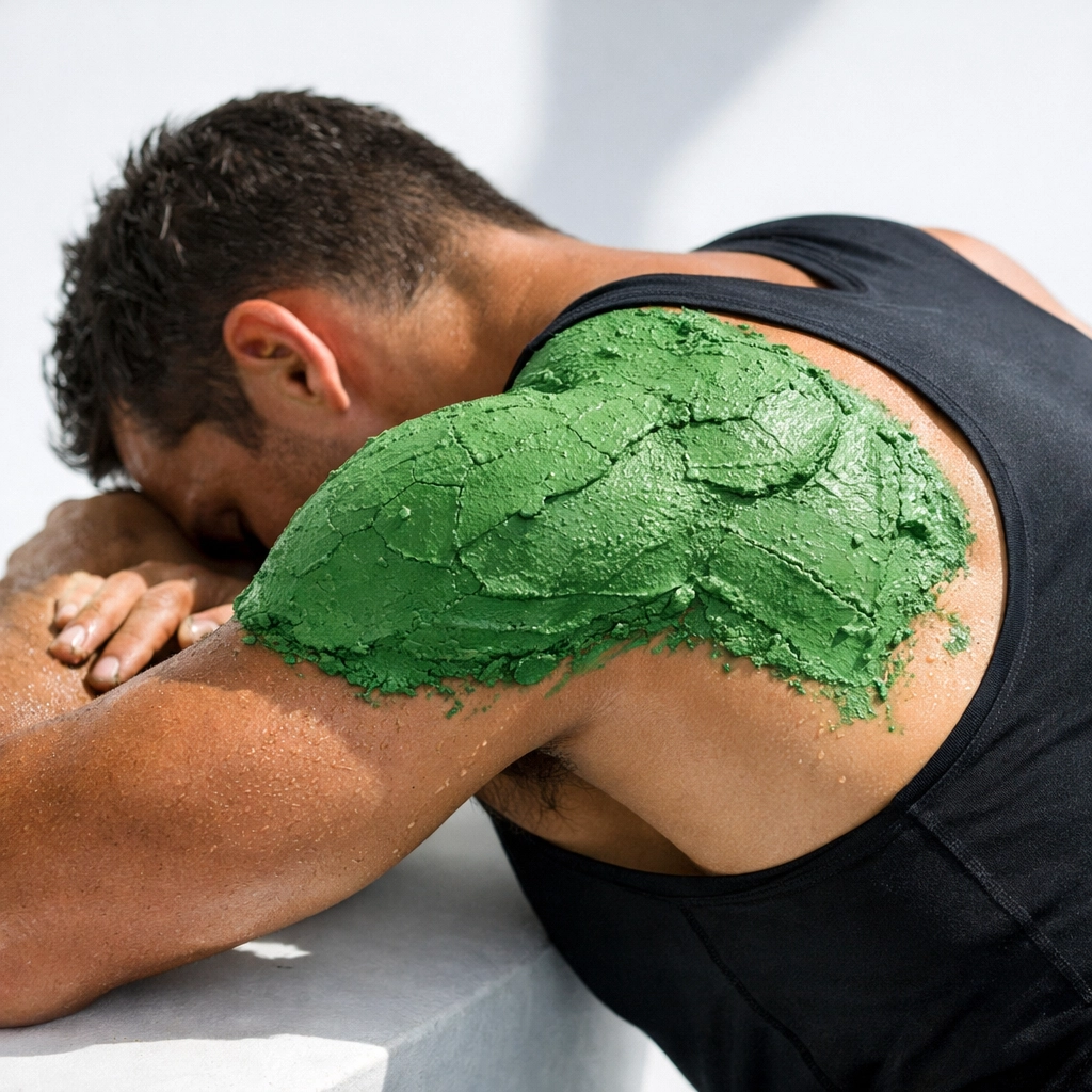 Bentonite clay on athlete's shoulders showing best recovery products for muscle healing