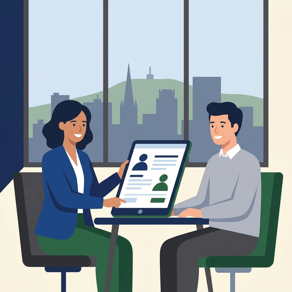 Jose's Tax Service professional reviewing a tax return with a client in a New Haven office.