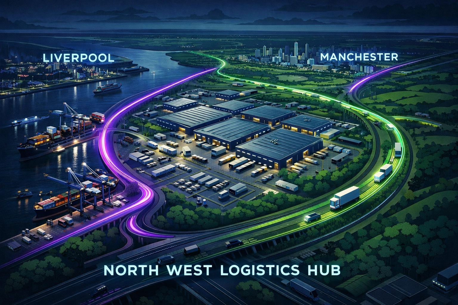 Aerial view of a busy North West logistics hub near Liverpool for class 1 driver jobs.