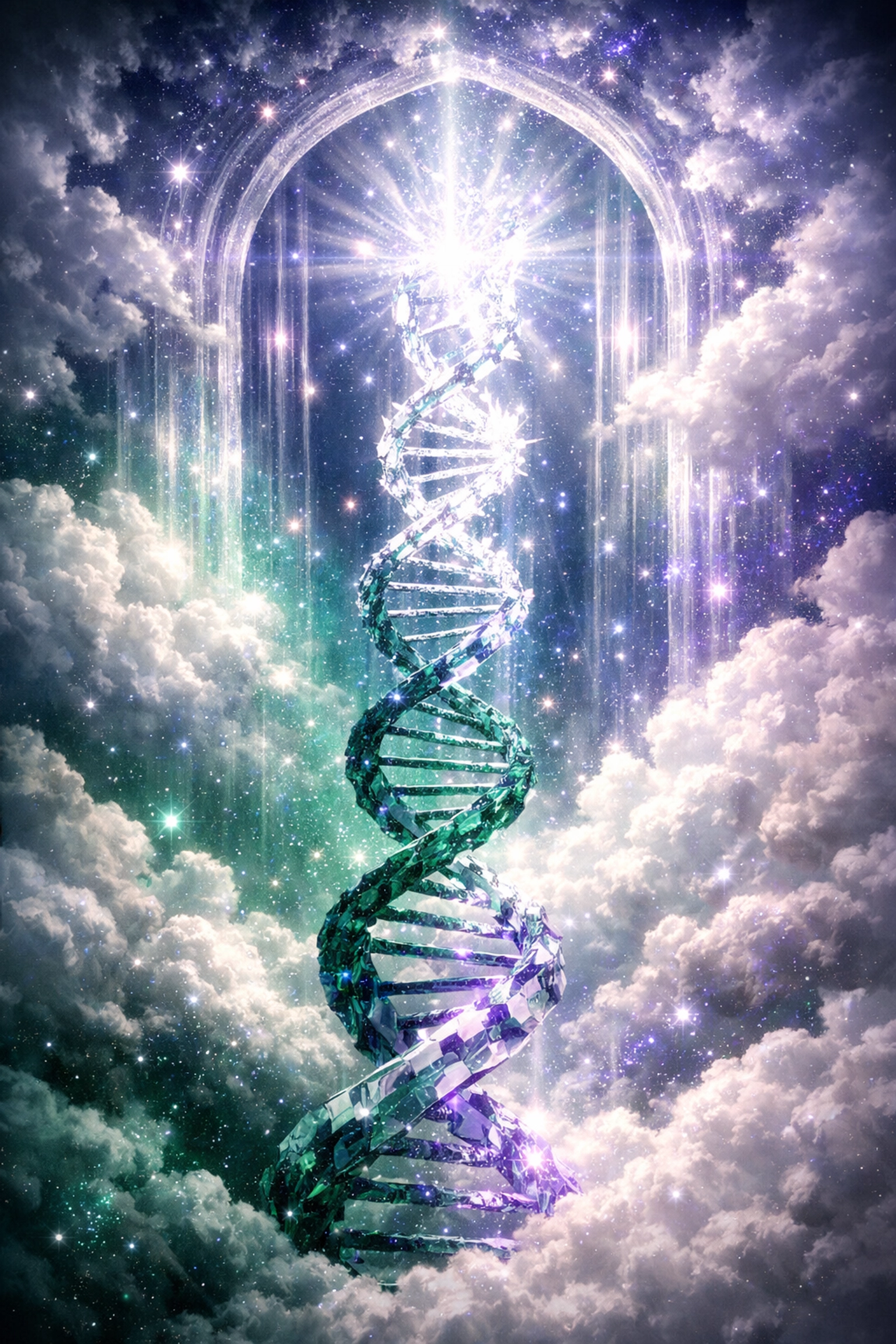 Shimmering DNA strand ascending through clouds symbolizing a somatic biological upgrade.