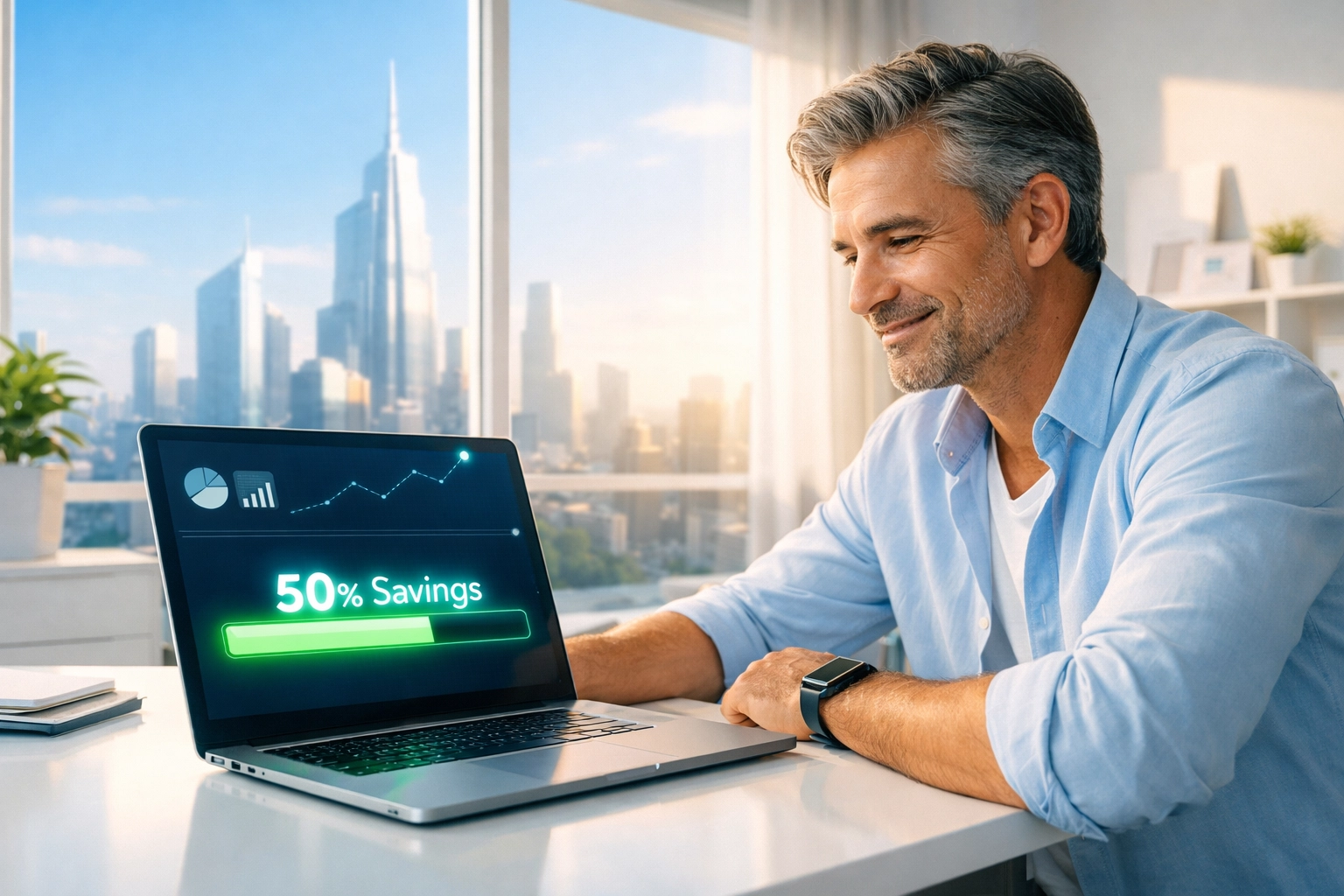 Business owner viewing a digital dashboard showing 50% savings on merchant interchange fees.