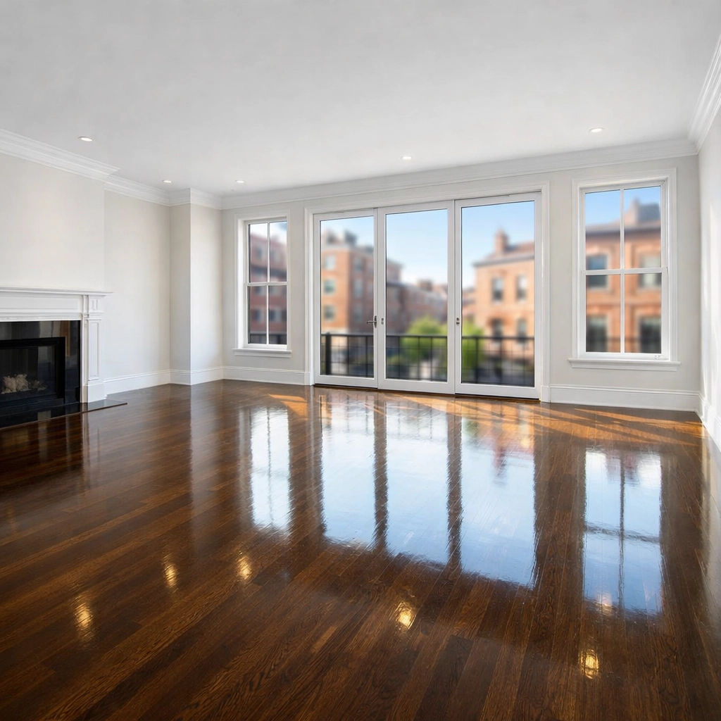 Empty Central Square living room with polished floors after a professional move-out cleaning.