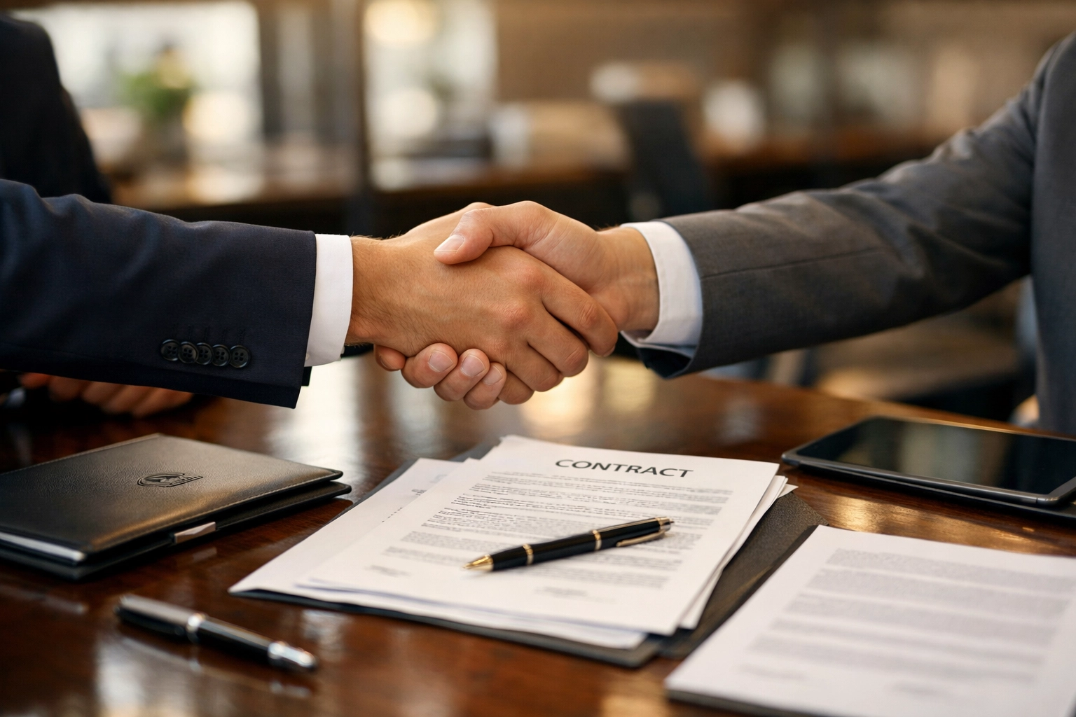 Business executives finalizing sports marketing partnership contract with clear deliverables