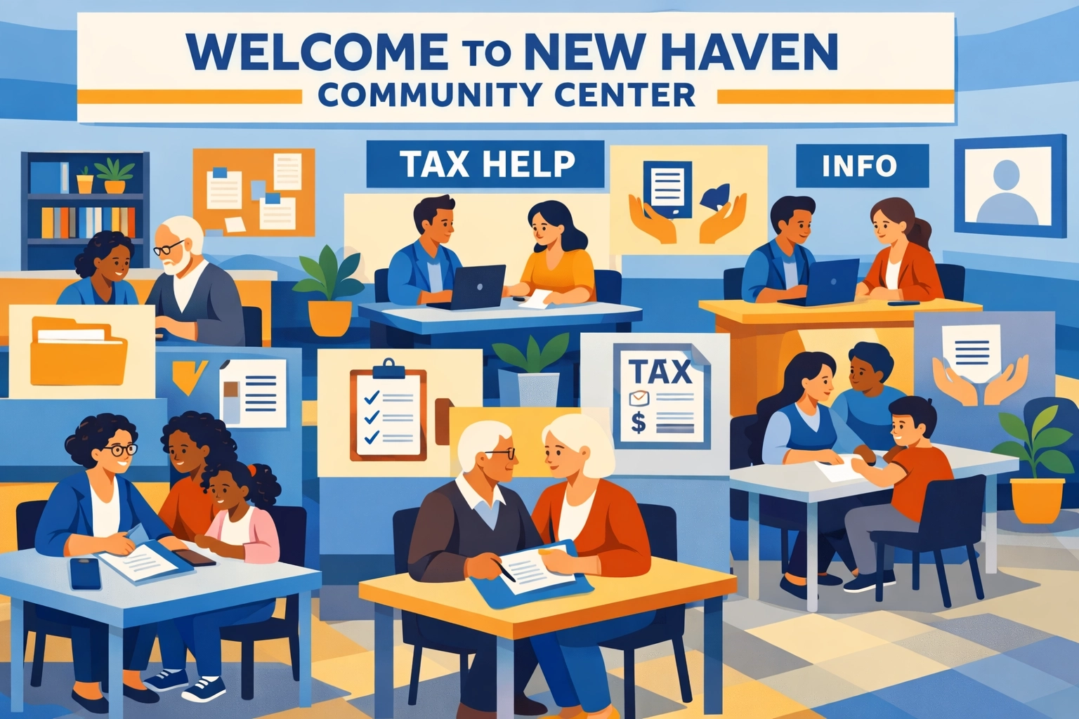 VITA volunteers helping families with free tax preparation at New Haven community center