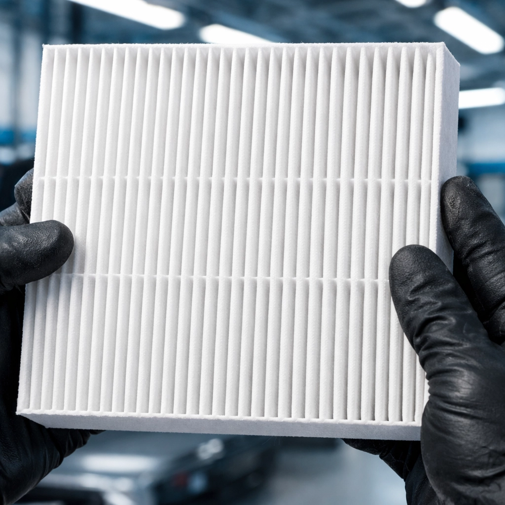 Technician installing a brand-new cabin air filter to ensure fresh, cold air in the car cabin.