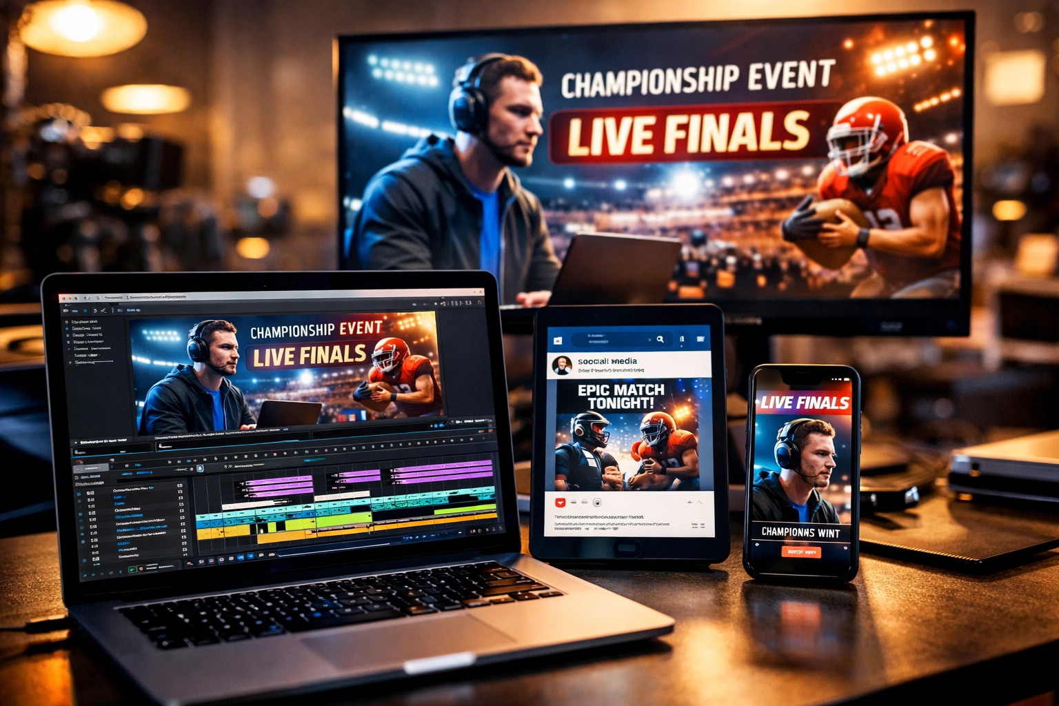 Cross-platform sports content distribution workflow showing synchronized media across multiple devices